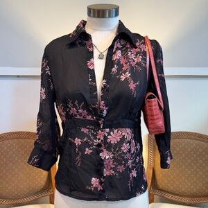 Vintage 90s Y2K Black and Pink Sheer Floral Blouse, Office Chic Downtown Girl